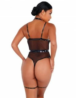 Roma Strappy Vinyl Bodysuit With Detachable Garters And Belt Fetish Wear & Lingerie