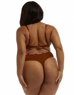 HUSTLER® Logo Ribbed High Waist Thong Chocolate