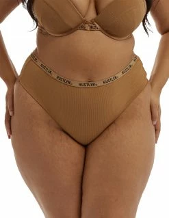 HUSTLER® Logo Ribbed High Waist Thong Caramel