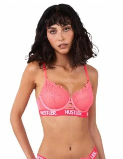 HUSTLER® Logo Lace Thong Neon Pink
